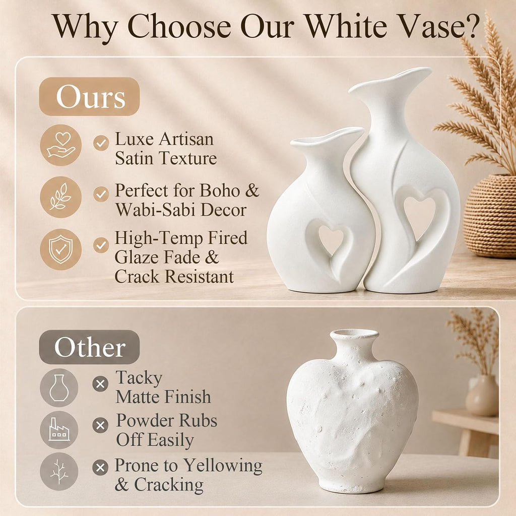 Heart Shaped Ceramic Vases Wabi Sabi Boho Flower Vase Set (White)