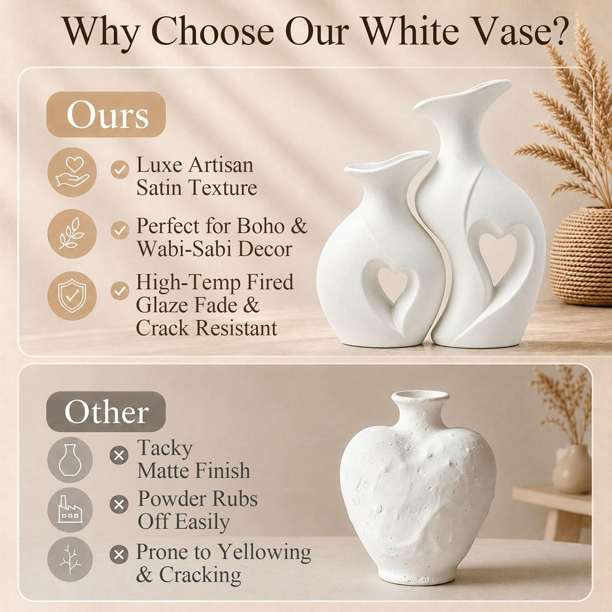 Heart Shaped Ceramic Vases Wabi Sabi Boho Flower Vase Set (White)