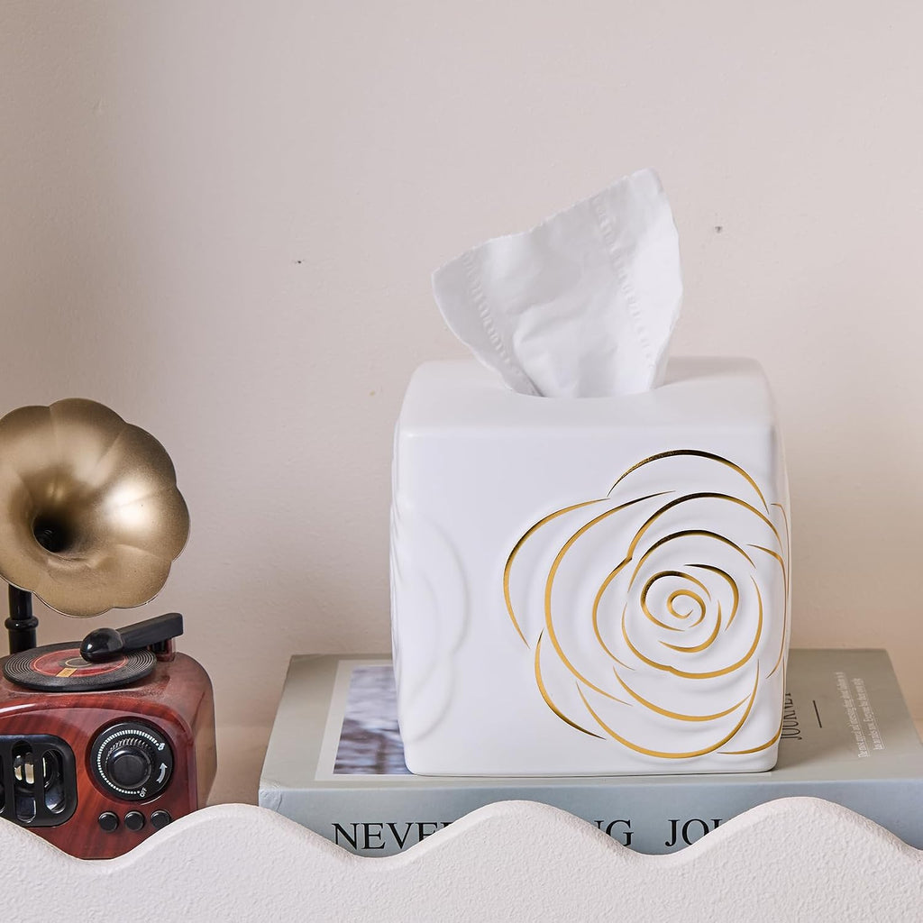 White Ceramic Cube Tissue Box Cover with Gold Rose – Large Elegant Rose Floral Square Decorative Tissue Box Holder for Bathroom, Bedroom, Office Desk, Kitchen Counter – Perfect Housewarming Gift
