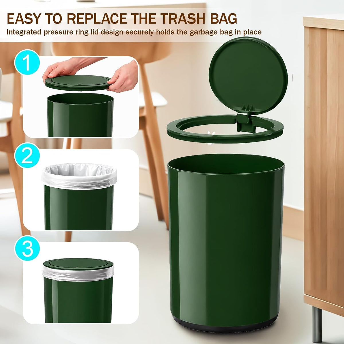 Small Bathroom Trash Can with Lid, 2.1 Gallon Plastic Garbage Can Green