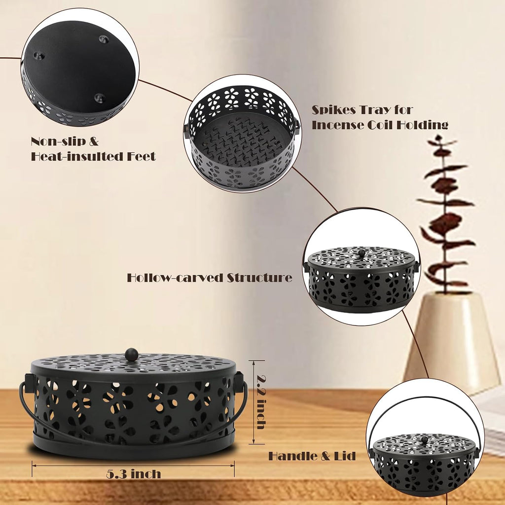 2-Pack Citronella Coil Holder Portable Mosquito Coil Holder Metal Incense Burner with Lid Round Spiral Incense Coil Holder (Black/Black)