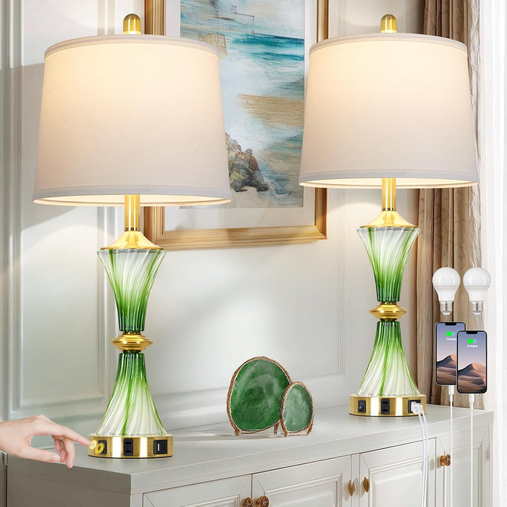 Rinweey Green Glass Table Lamp Set of 2 with USB C+A Ports & AC Outlet, Bedside Lamp, Modern Bedroom Lamps, Coastal Lamp for Night Stands Bedroom Living Room,Nightstand Lamp LED Bulbs Included
