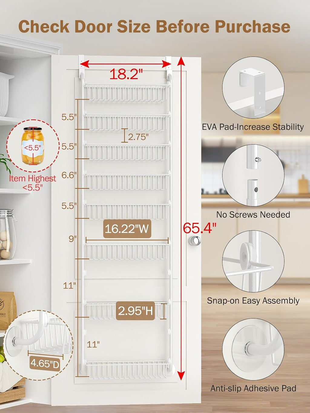 Delamu Over The Door Pantry Organizer, 8-Tier Pantry Door Organizers and Storage with Adjustable Basket, Metal Hanging Spice Rack, Seasoning Organizer, Door Organizer for Home Kitchen Bathroom, White