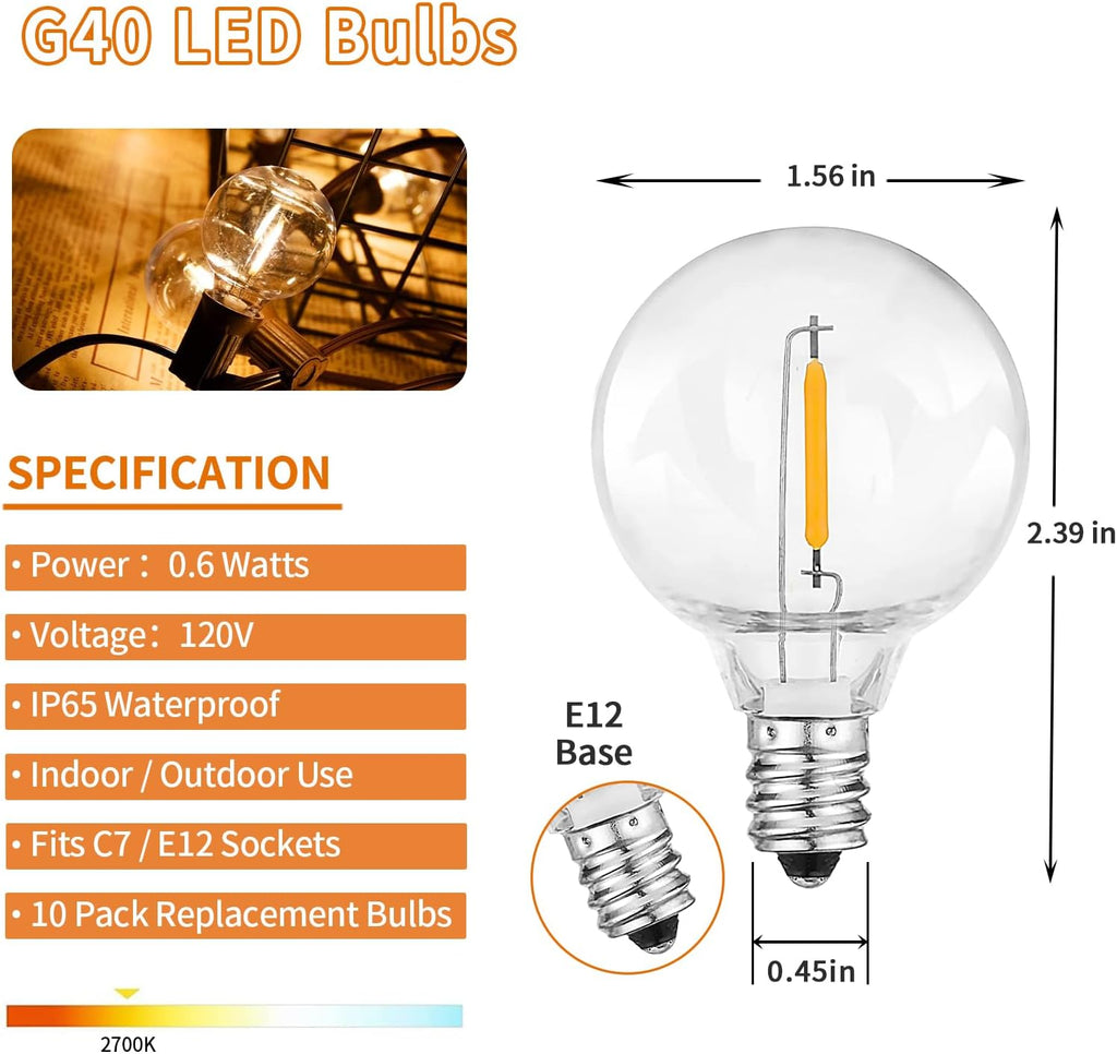 10PK G40 LED Replacement Bulbs, 0.6W 2700K Warm White, E12 Base