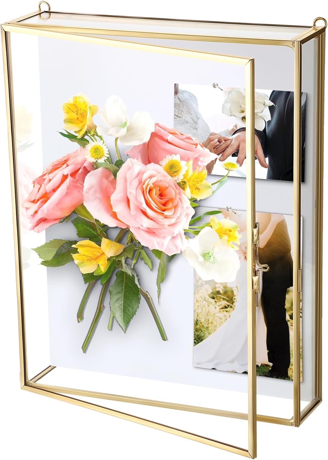 ELLDOO Shadow Box Frame 8x10inch - Glass Display Case with White Foam Backplane and Pins for Tabletop and Wall Display, Gold Metal Keepsakes Memory Box for Wedding Bouquet Memorabilia Medals Photos