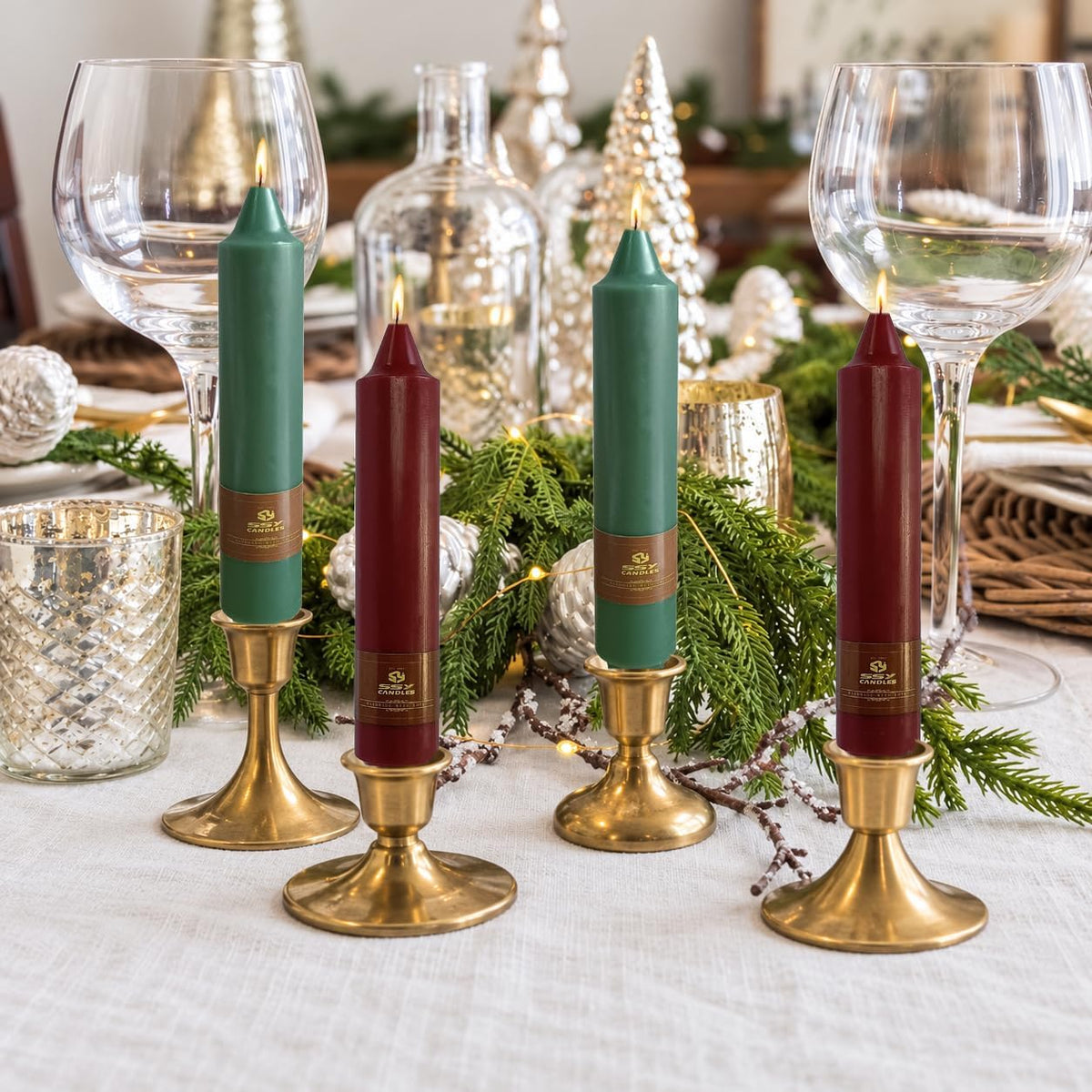 Red Green Short Taper Candles 7Inch, 4 Pack Christmas Candle for Home Decor