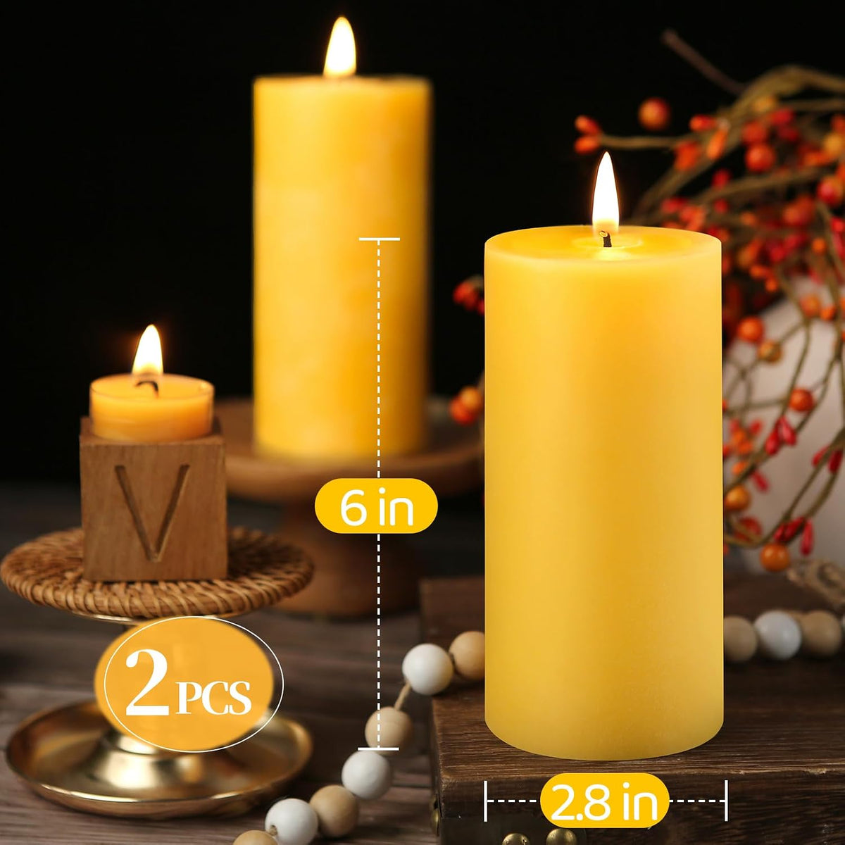 Natural Beeswax Pillar Candles, Non Toxic,2.8x6 inch,2 Pack,285 H Long Burn
