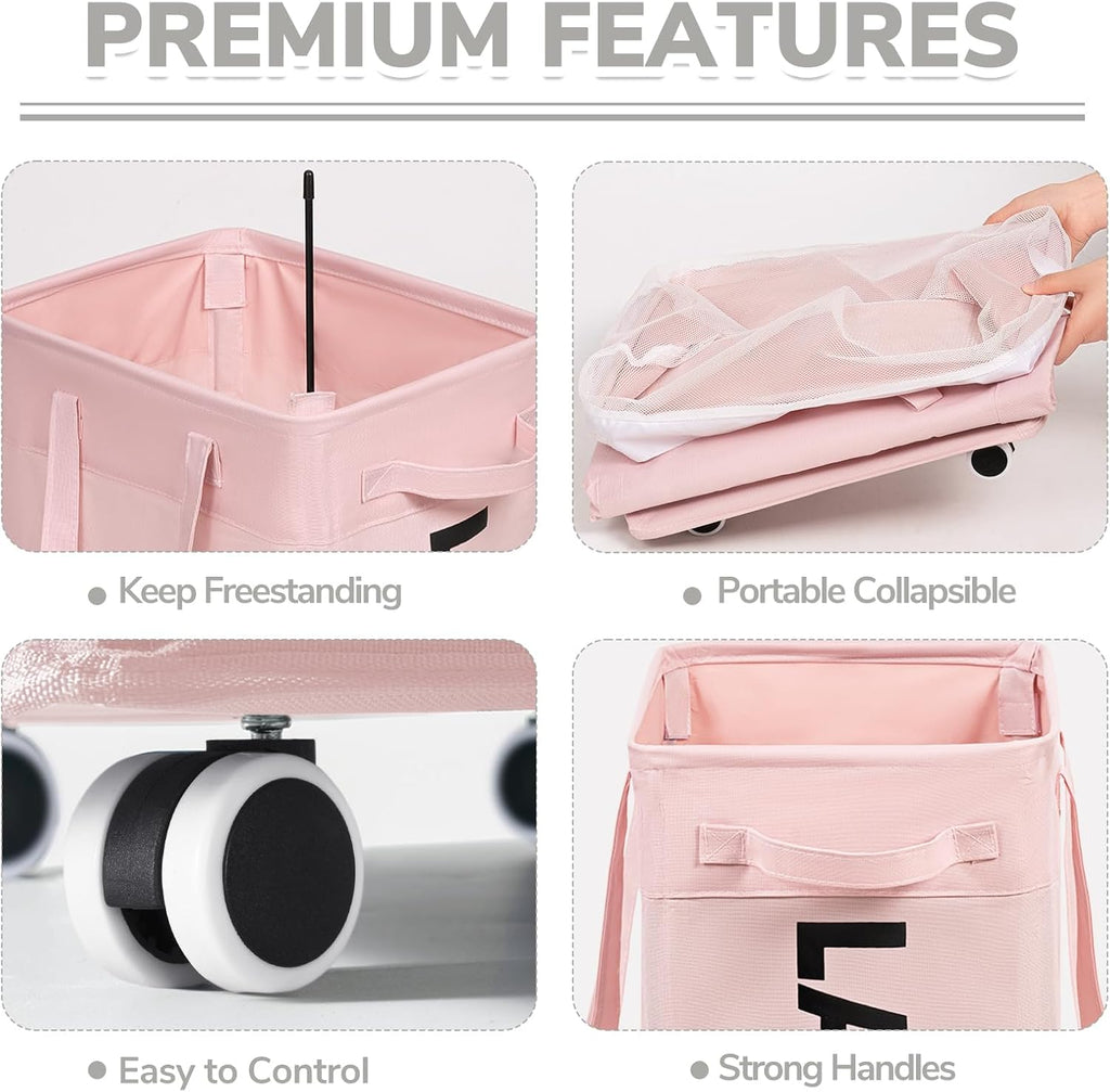CHICVITA 75L Laundry Hamper with Wheels 2-Pack, Wash Bags, Pink