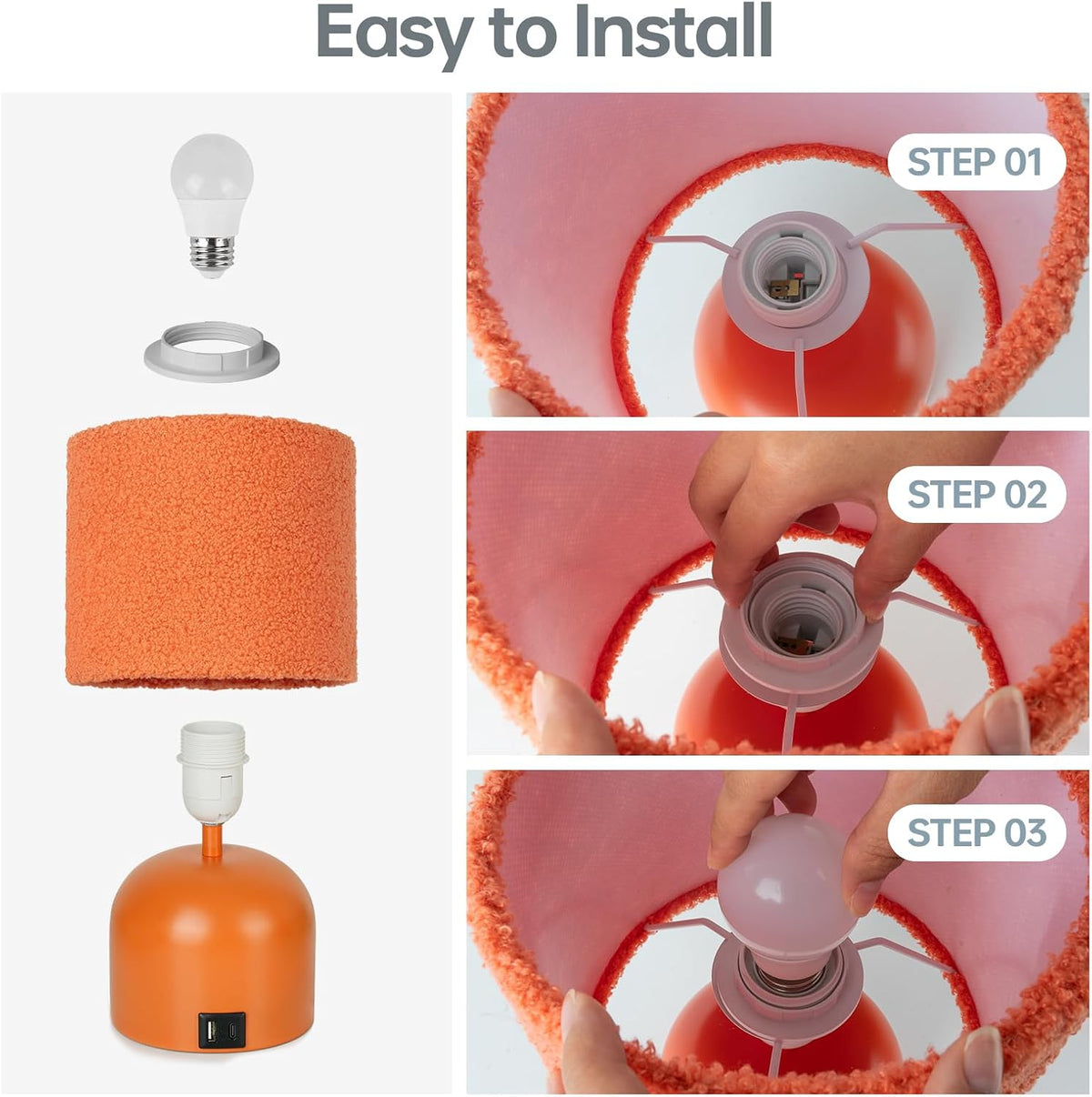 Table Lamp for Bedroom, Bedside Lamps for Nightstand, Minimalist Night Stand Light Lamp with Type-C and USB Ports, Modern Desk Table Lamp for Bedroom, Living Room, Dining Room, Office (Orange)