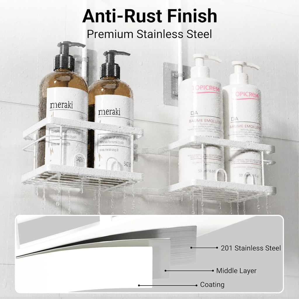 Adjustable Shower Caddy Hanging Rustproof Shower Caddy for Handheld Showerheads, Shower Organizer with Hooks Soap Holder, Anti-Swing Shower Rack Bathroom Accessories (White)