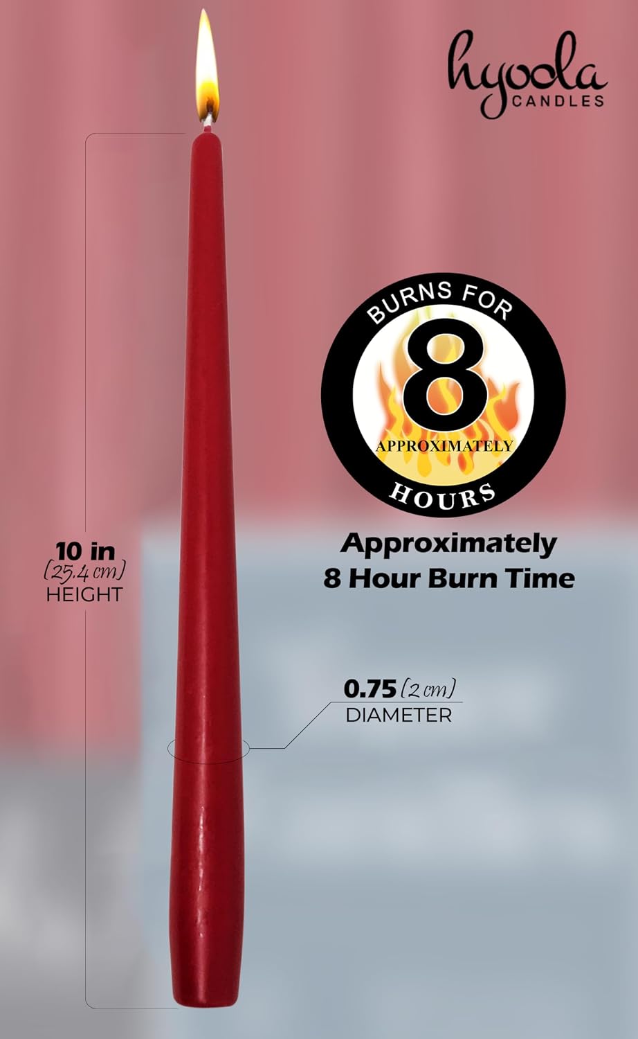 Hyoola Tall Taper Candles - 10 Inch Cherry Red Unscented Dripless Taper Candles - 8 Hour Burn Time - 12 Pack