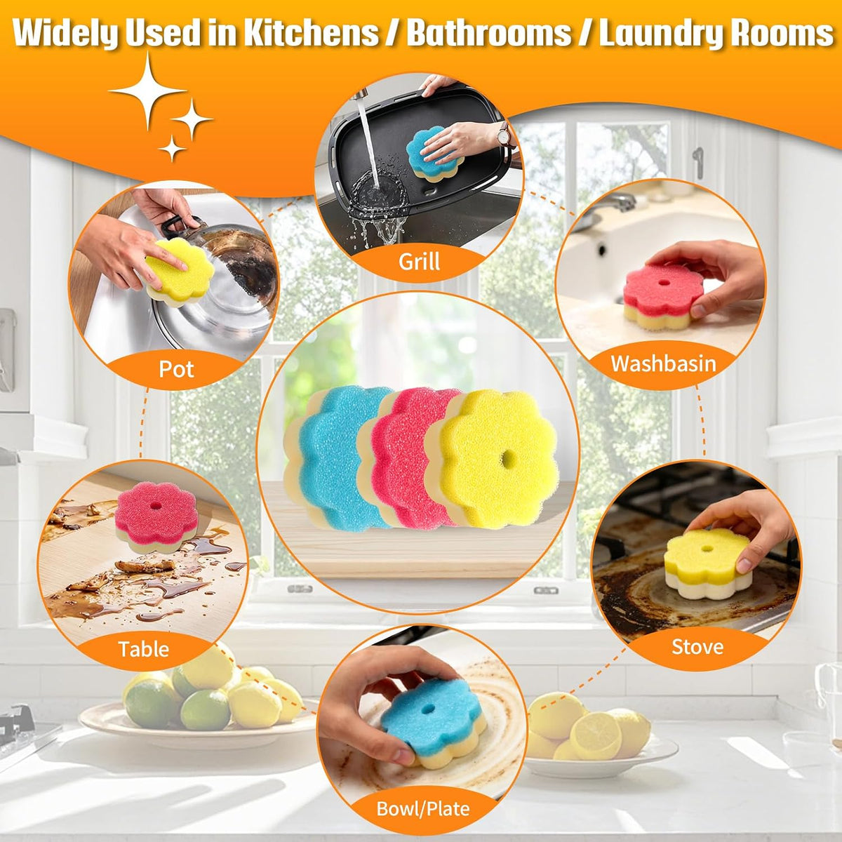 12 Count Scrub Sponges for Dishes, Dual-Sided Temperature-Responsive Scrubber, Reusable Non-Scratch Multipurpose Cleaning Supplies for Kitchen Bathroom & Home Use