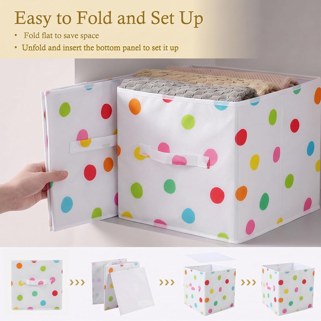 6 Pcs 11 Inch Colorful Dots Cube Storage Bins Collapsible Storage Organizer with Handles Fabric Container Baskets for Closet Clothes Toys Book Room Home Organization