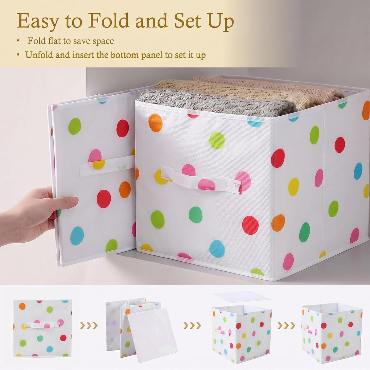 6 Pcs 11 Inch Colorful Dots Cube Storage Bins Collapsible Storage Organizer with Handles Fabric Container Baskets for Closet Clothes Toys Book Room Home Organization