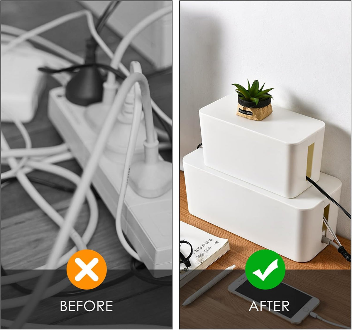 LUWOO Cable Management Box Set of Two, Cord Organizer Box to Hide Surge Protector on Desk or Floor, White