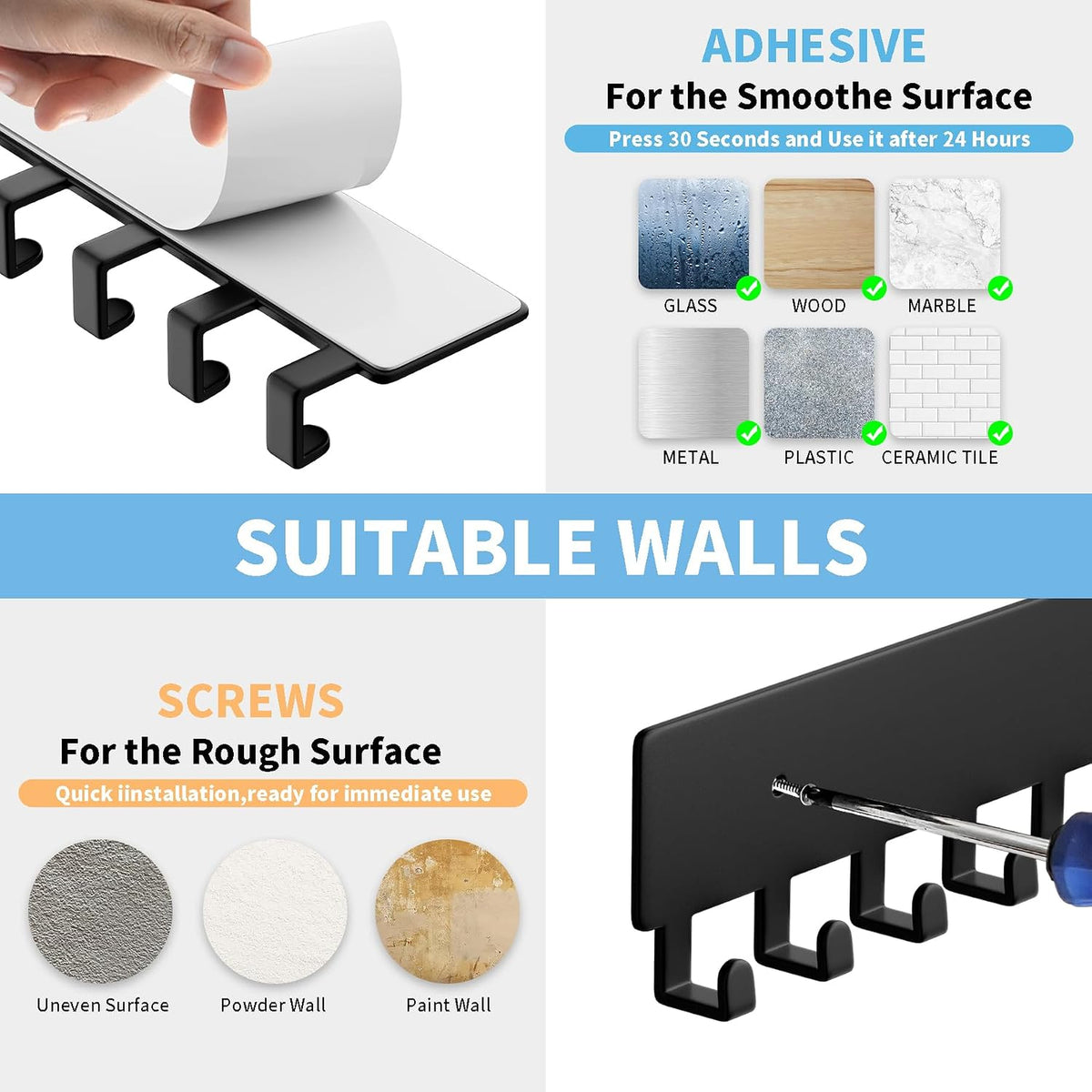 GTK Key Holder for Wall, Key Hooks with 10 Hooks, Wall Mounted Key Holder for Hallway, Self Adhesive Key Rack(Black)