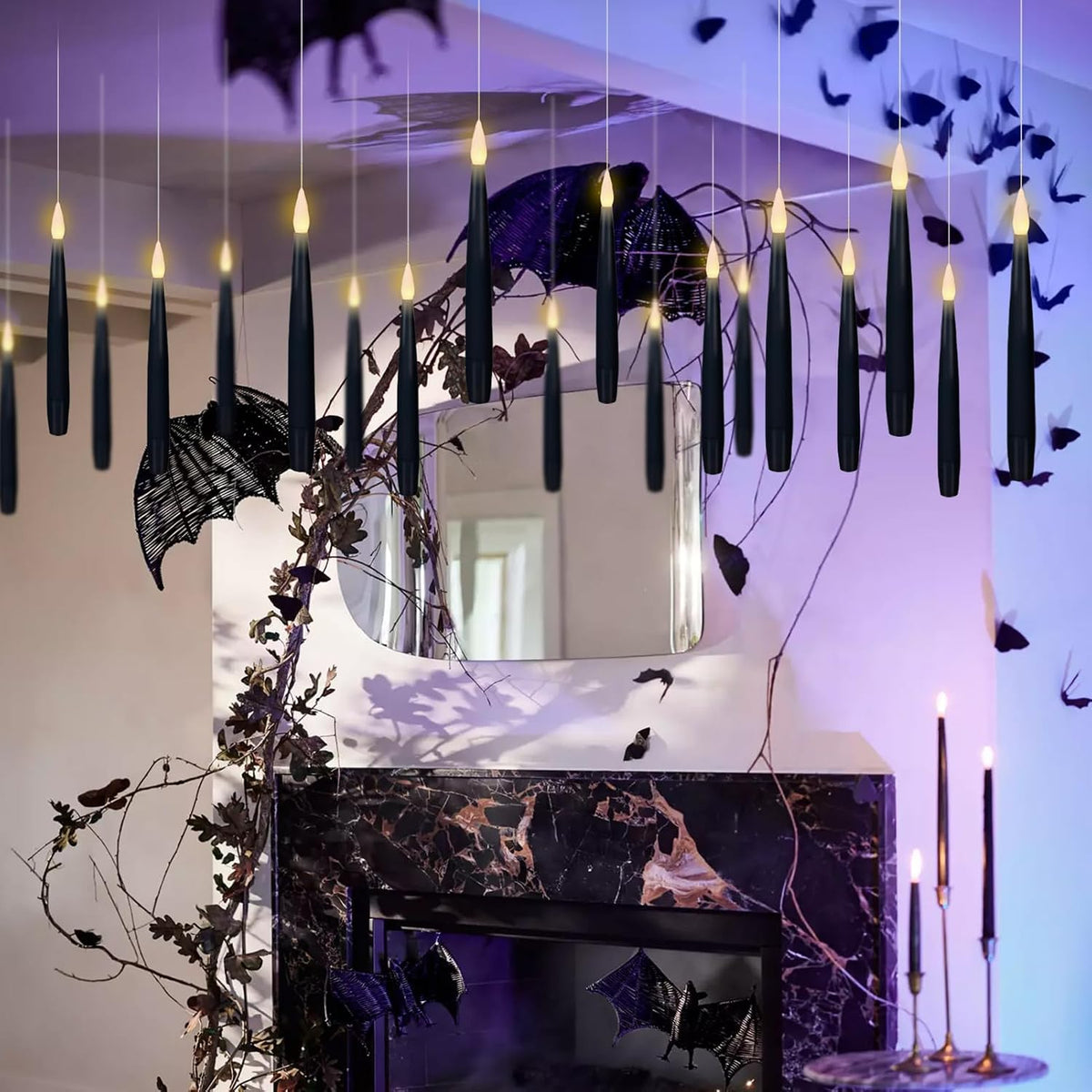 Flameless Floating Candles Wand Halloween Decorations Black 22pcs