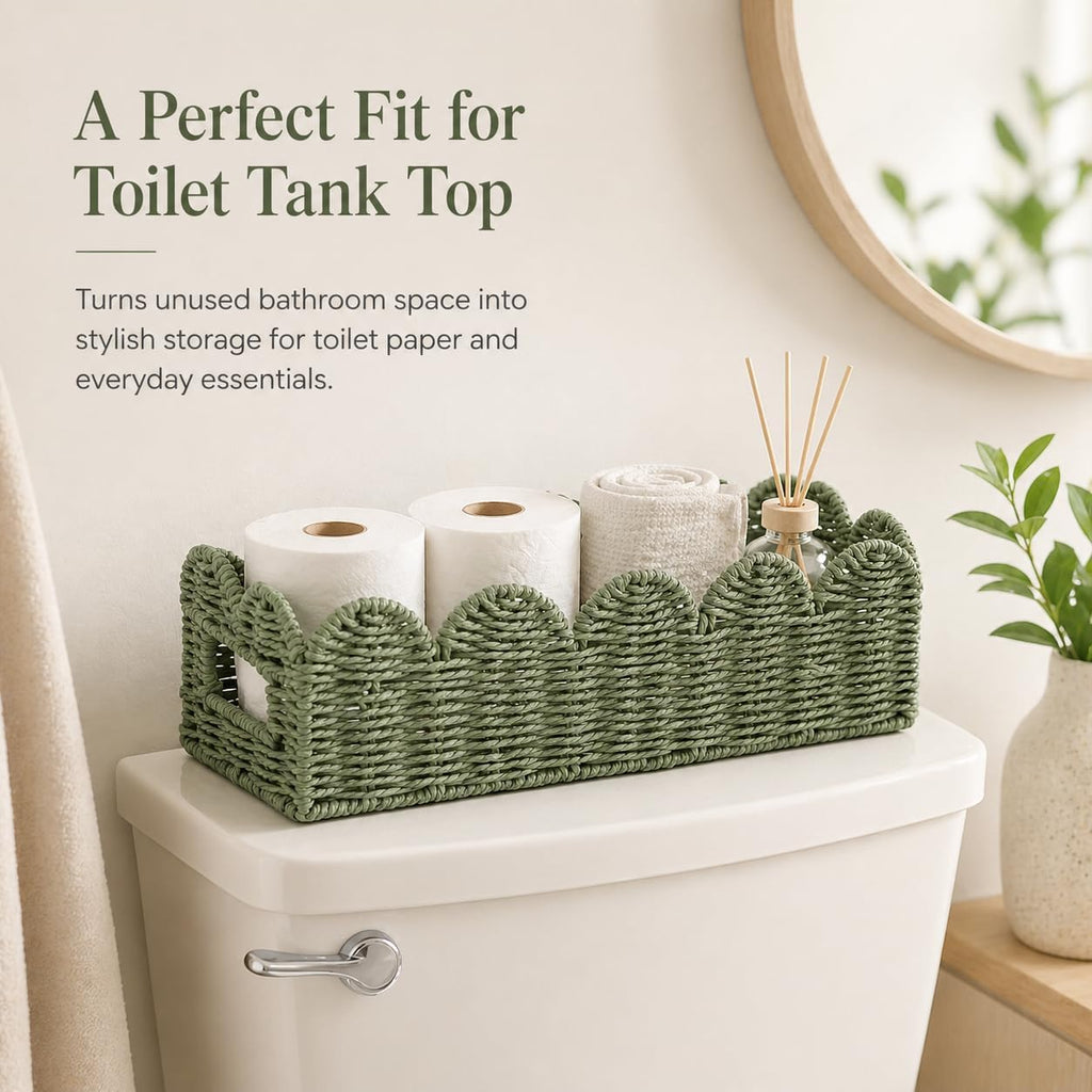 Sage Green Scalloped Basket, Toilet Tank Tray, Back of Toilet