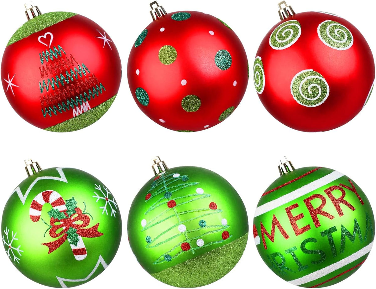 Lanpn 6Pcs 4" Large Outdoor Christmas Ornaments, Xmas Tree Elf Swirl Ball Decoration, Big Red Green Christmas Ornament, Giant Glittering String Ball Plastic Hanging Decor for Lawn Yard Holiday Party