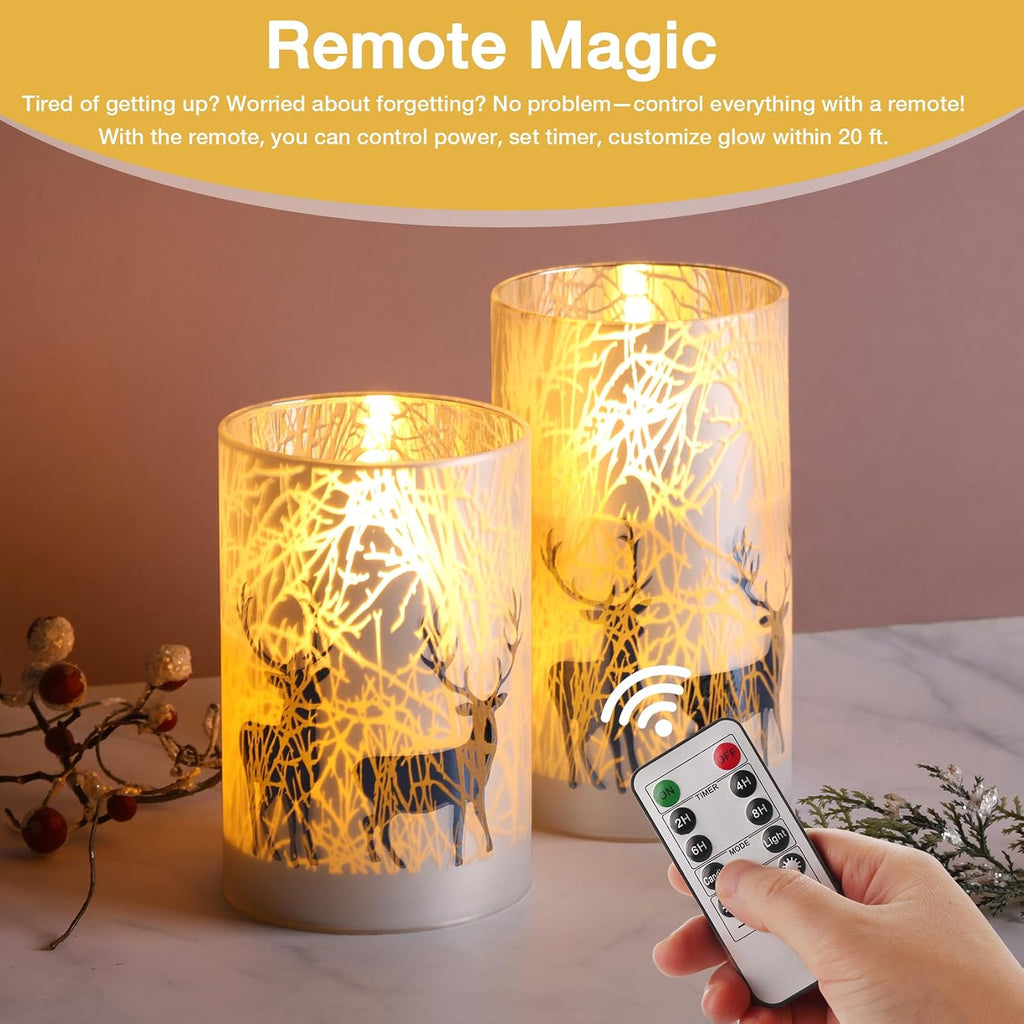 Eywamage Forest Reindeer Glass Flameless Pillar Candles with Remote