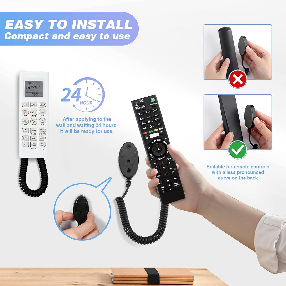 Magnetic Remote Control Holder and Remote Holder with Retractable Leash, Wall Mount for TV Remote, Couch and Bedside, No Drill Adhesive Pad, 2 Pack Black