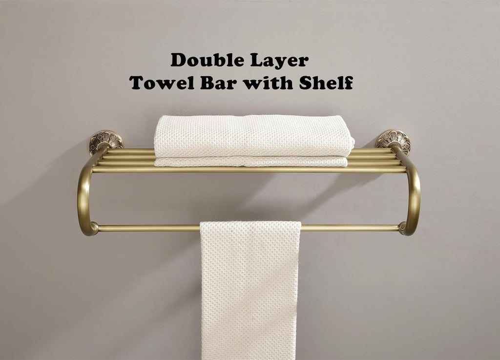 Antique Brass Towel Rack Wall Mount, 24 inch Bath Towel Bar with Shelf, Vintage Gold Decorative Bathroom Accessories, Brass Petal-Relief Series