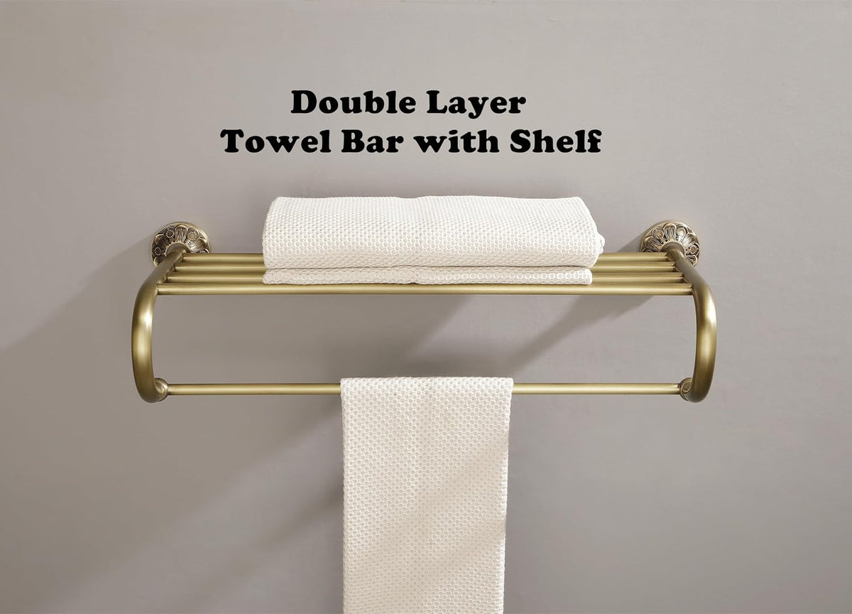 Antique Brass Towel Rack Wall Mount, 24 inch Bath Towel Bar with Shelf, Vintage Gold Decorative Bathroom Accessories, Brass Petal-Relief Series