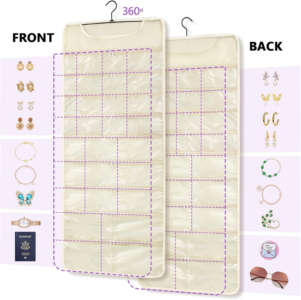 FOREGOER Hanging Jewelry Organizer 58 Zippered Pocket, 2-Sided, Beige