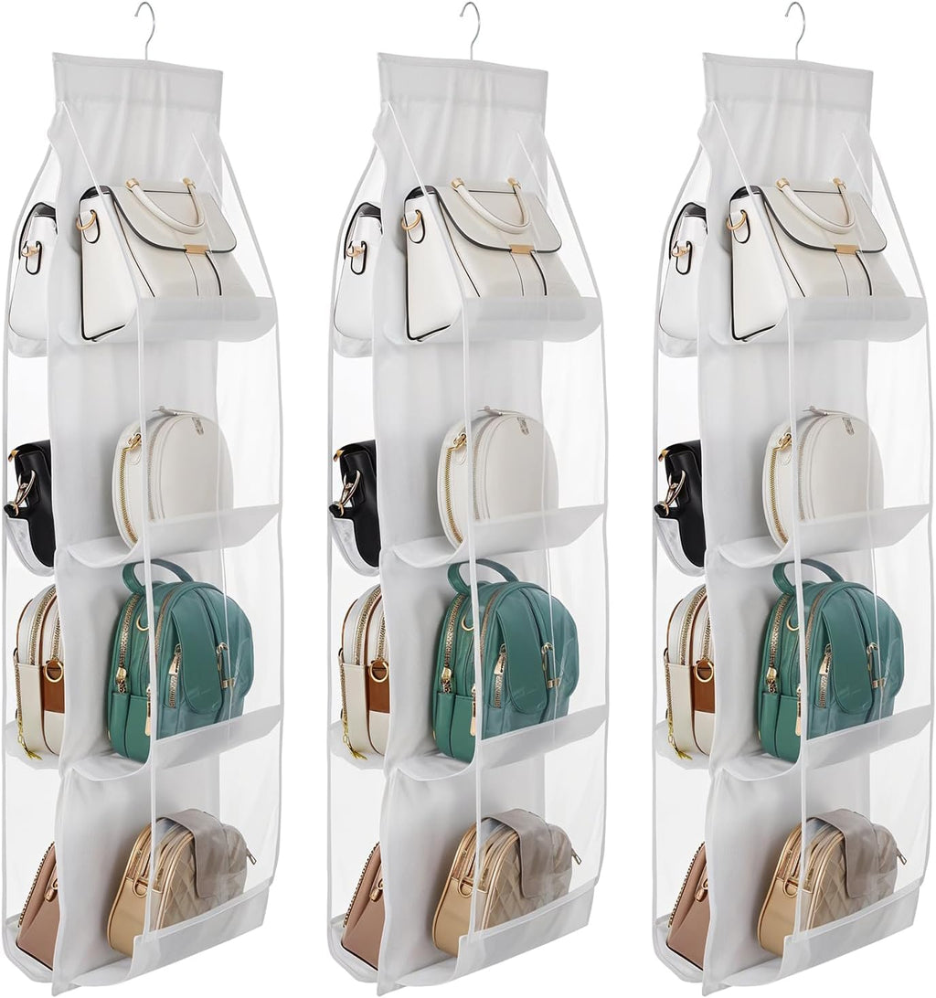 3Pack Hanging Handbag Organizer for Closet – 8 Clear PE Pockets, Space-Saving Purse Storage Holder (White, 41” x 13.5”)