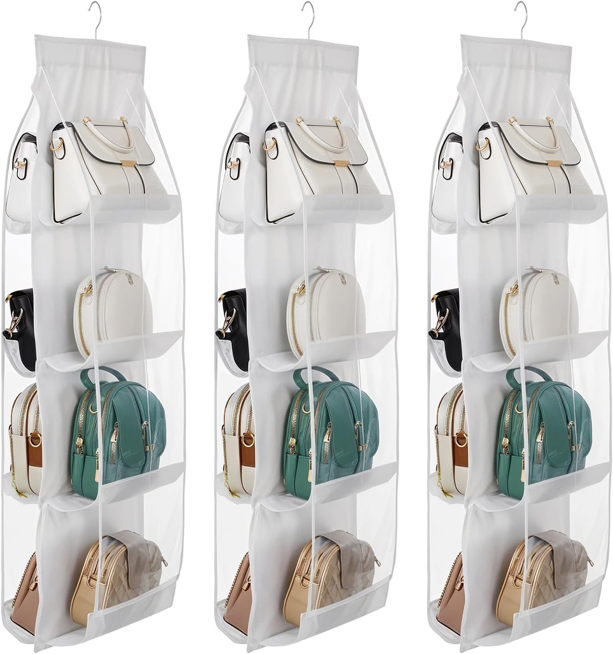 3Pack Hanging Handbag Organizer for Closet – 8 Clear PE Pockets, Space-Saving Purse Storage Holder (White, 41” x 13.5”)