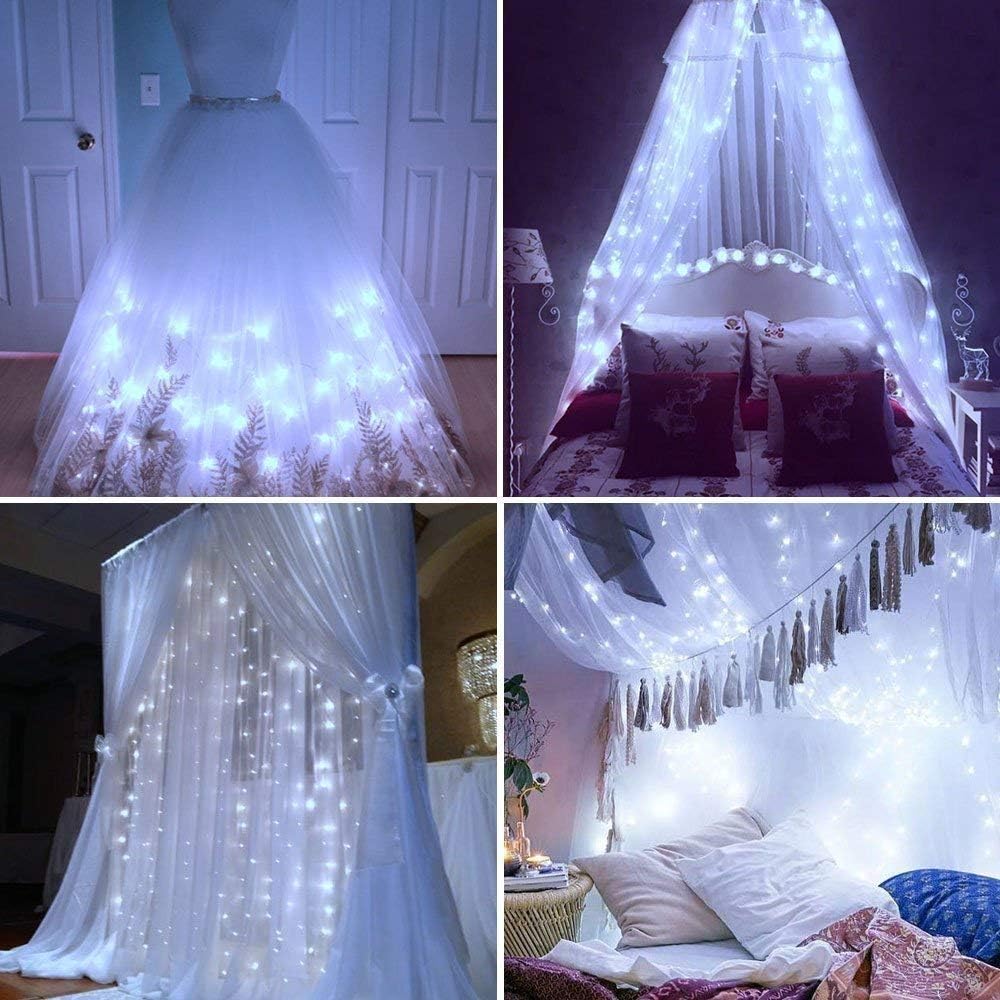 300 LED Fairy Curtain Window String Lights, Indoor String Lights 10 Ft with 8 Modes Fits Remote and Timer for Bedroom Wedding Party Patio and Christmas Decoration (Cold White)