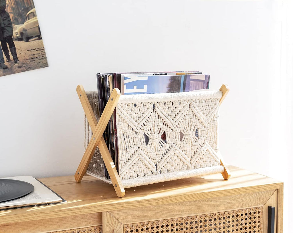 Mkono Macrame Magazine Holder, Boho Woven Book Rack Basket, 14" L x 10" W