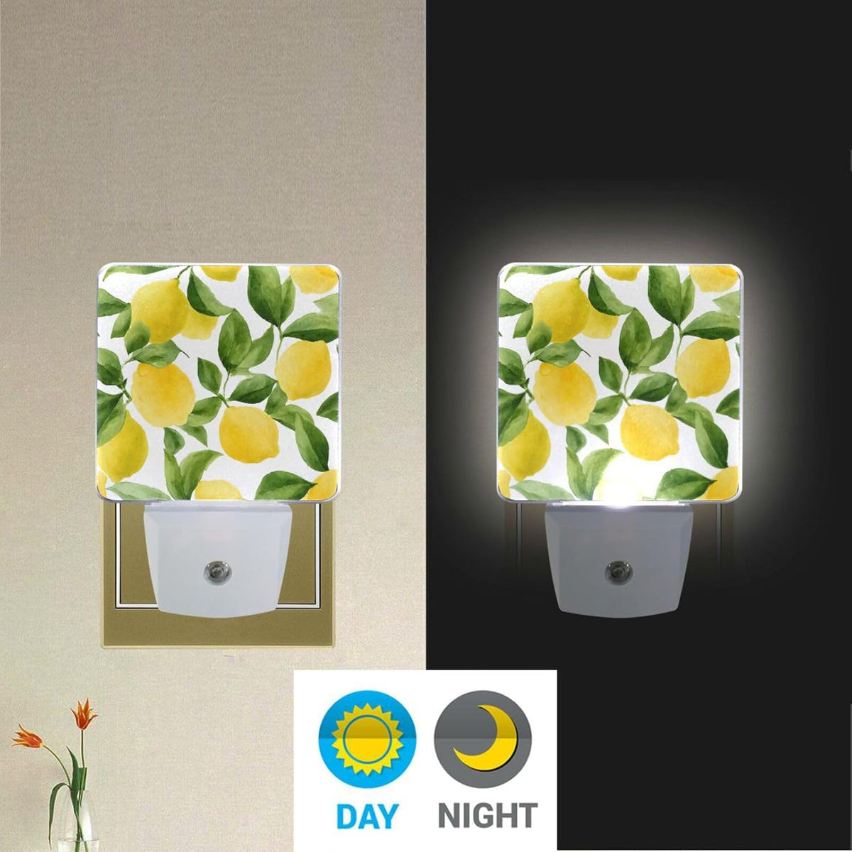 ALAZA 2 Pack Lemon Fruit Leaves Watercolor LED Night Light Dusk to Dawn Sensor Plug in Night Home Decor Desk Lamp for Adult