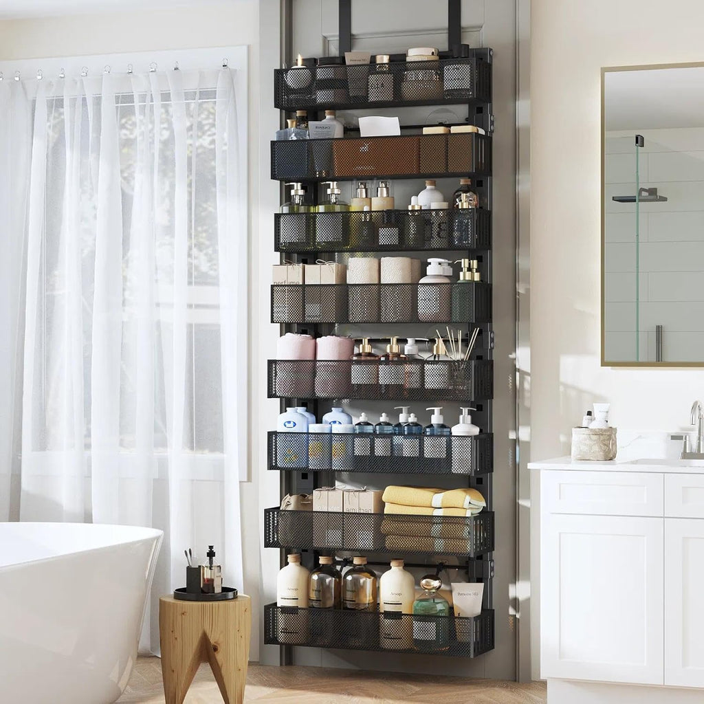 Over The Door Organizer, 8-Tier Heavy-Duty Metal Mesh Rack, Adjustable Large Baskets, 2-in-1 Hanging or Wall Mount Spice Rack, Behind The Door Organizer for Bedroom Closet Bathroom Pantry Kitchen