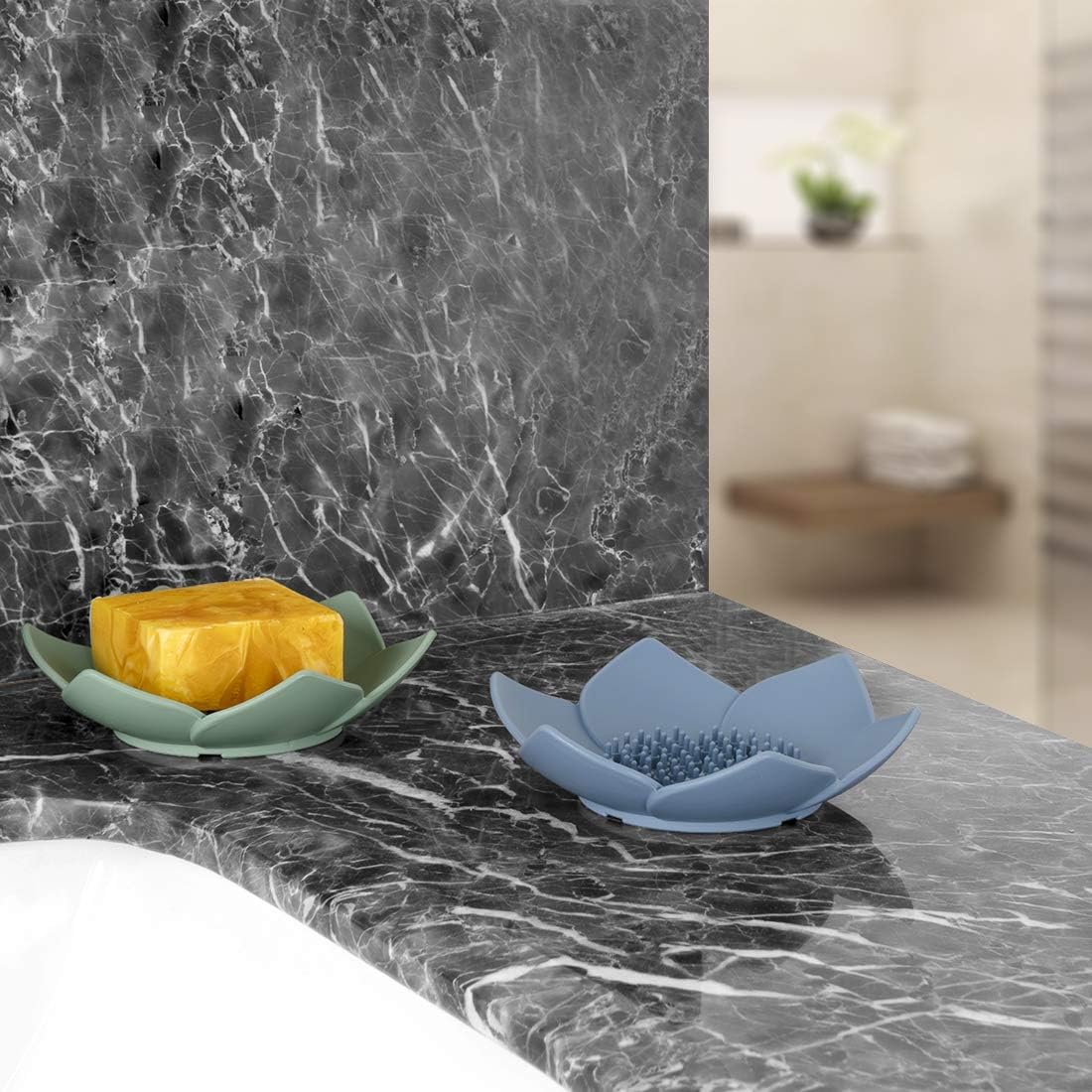 3 Pack Soap Dish Holder, Bar Soap Tray with Drain, Lotus Silicone Soap Saver Case for Shower Bathroom (Blue, Green, Grey)