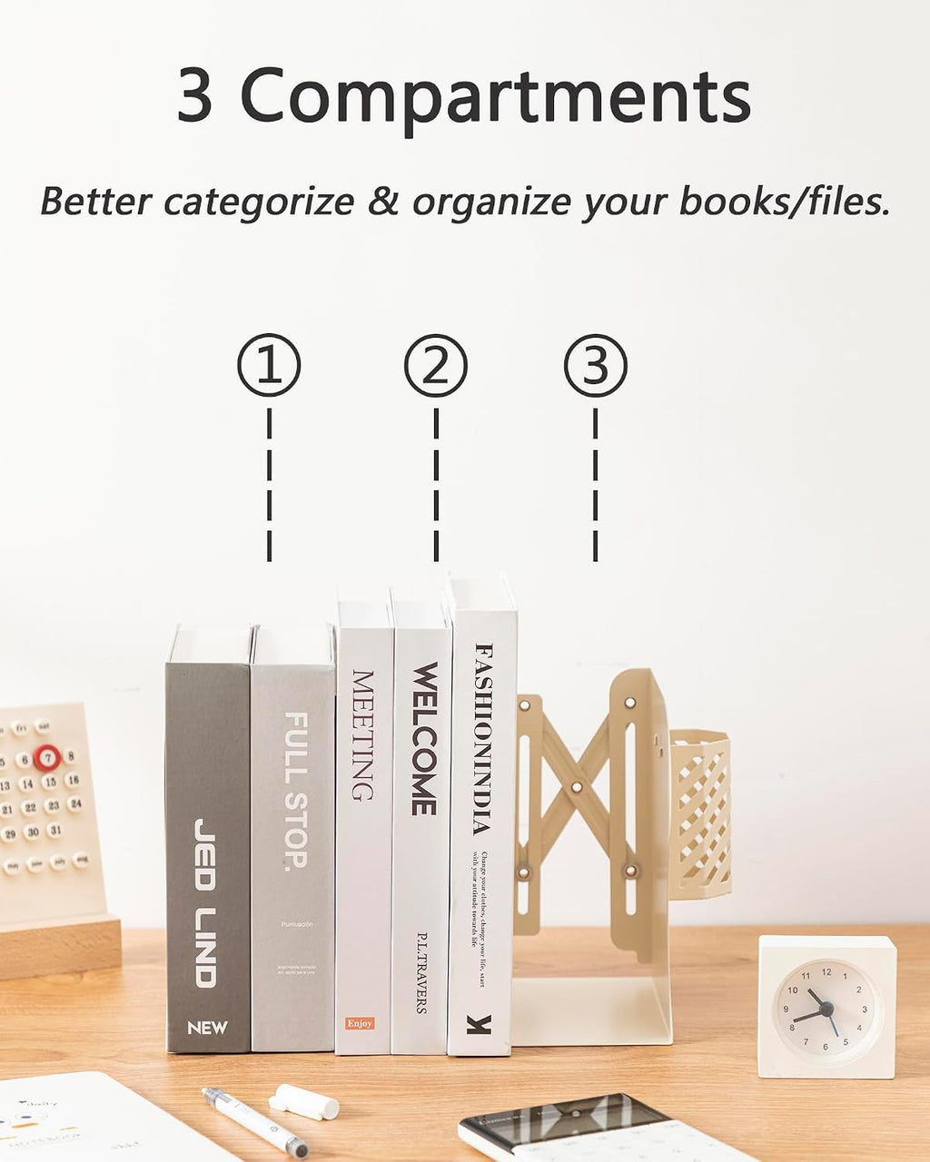 Kingsmile Book Ends, Adjustable Heavy Duty Metal Book Stoppers with Pen Holder for Desk Office Library Kids Room(Light Beige)