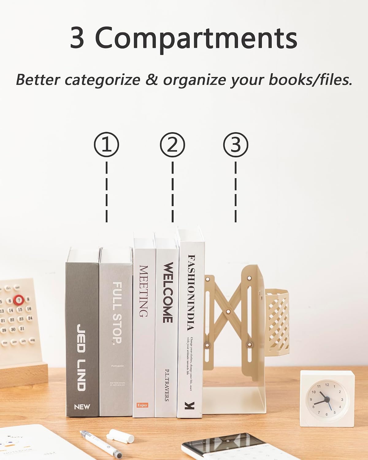 Kingsmile Book Ends, Adjustable Heavy Duty Metal Book Stoppers with Pen Holder for Desk Office Library Kids Room(Light Beige)