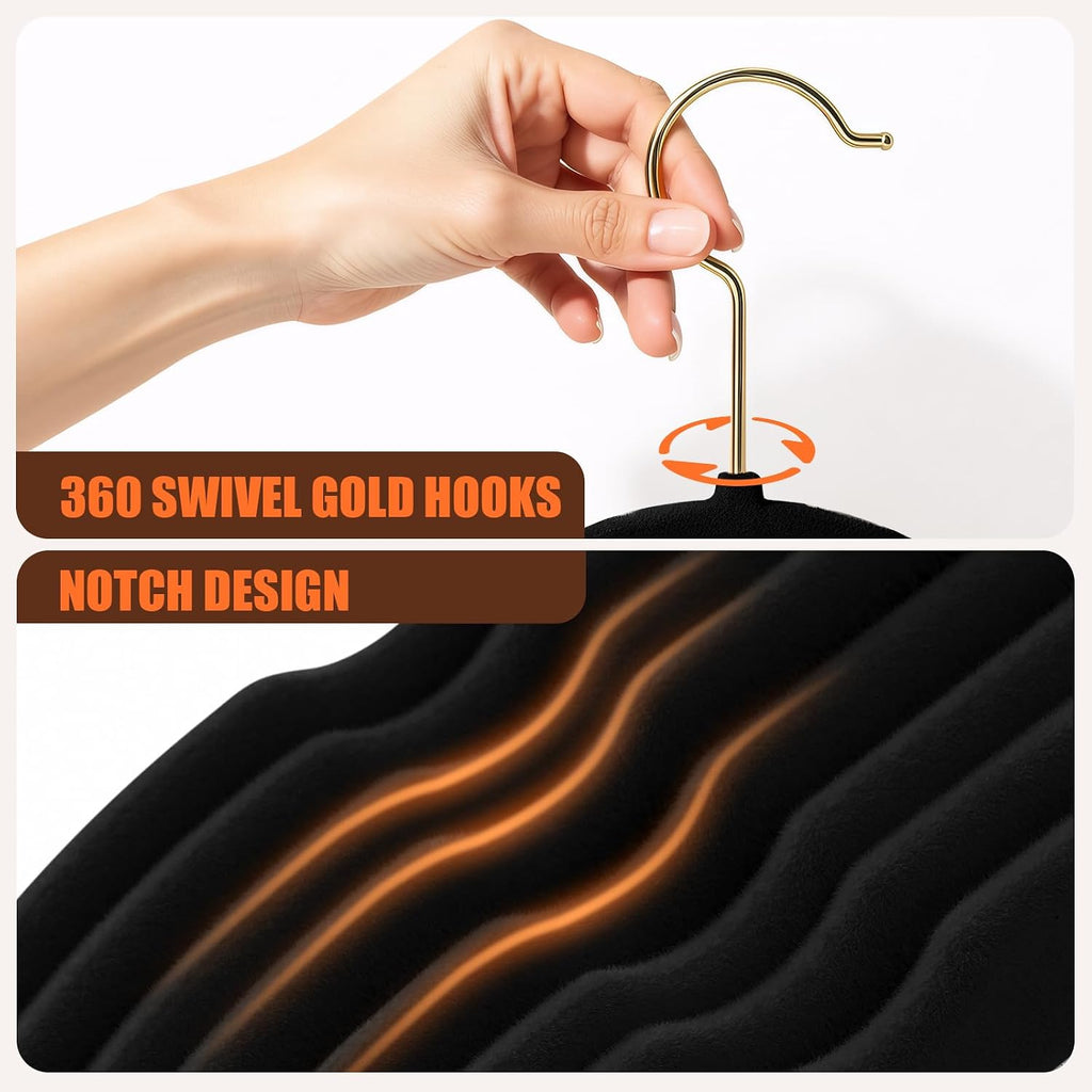 Flottian 60 Pack Black Velvet Hangers Non Slip,Felt Hangers with Gold Hook
