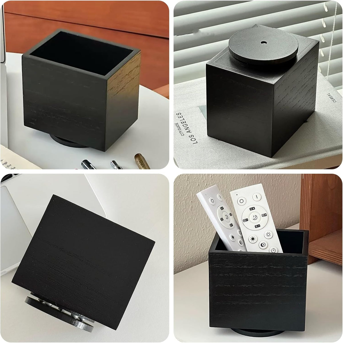 360° Rotating Remote Control Holder, Wooden TV Controller Holder, Remote Holder for Table, Desktop Caddy for Pen, Phone, Small Item Home Office School(Black)