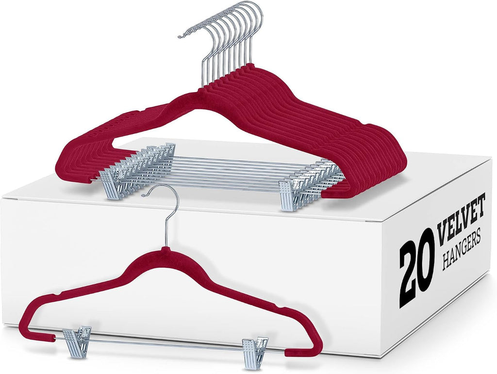 Zober Velvet Hangers with Clips - 20 Piece Set for Pants, Skirts, Suits, Dresses & Shirts - Notched Burgundy Velvet, Non Slip Felt, 360 Degree Hook