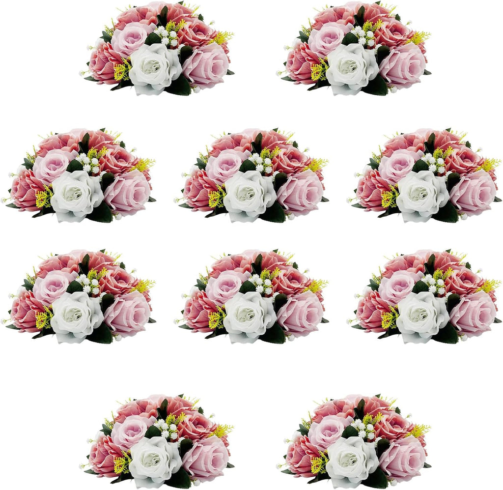 10Pcs Artificial Rose Balls for Centerpieces (Dusty Pink & White)