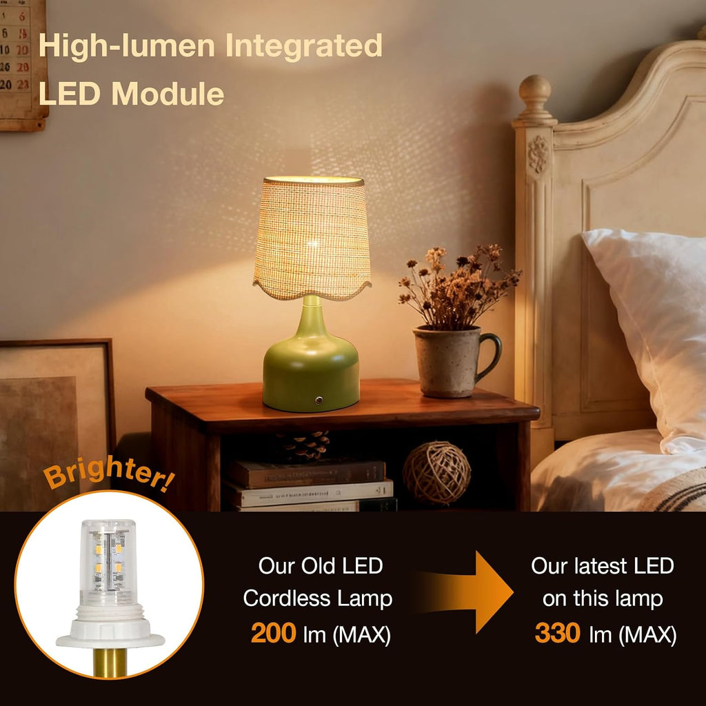 Cordless Boho Table Lamp Green, Scalloped Wicker Shade, 5200-mAh Rechargeable Battery, 3-Way Dimmable, Build-in Integrated LED 320 Lumen Max, for Bedside Living Room
