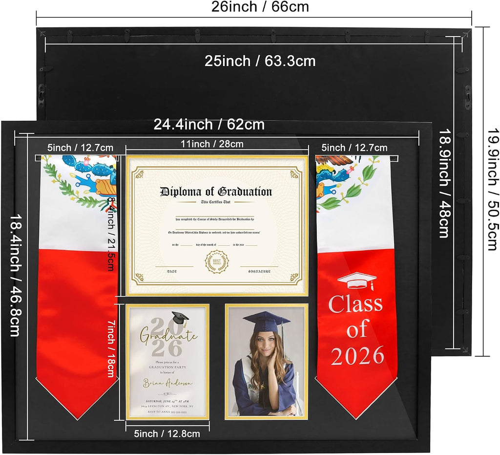 Graduation Shadow Box Frame 26x20 Inch, Display Regalia Stole & Certificate & Photos, Wall Mountable Keepsake Case with Tempered Glass, 8.5x11 for Diploma, 5x7 for Pictures, Black MDF
