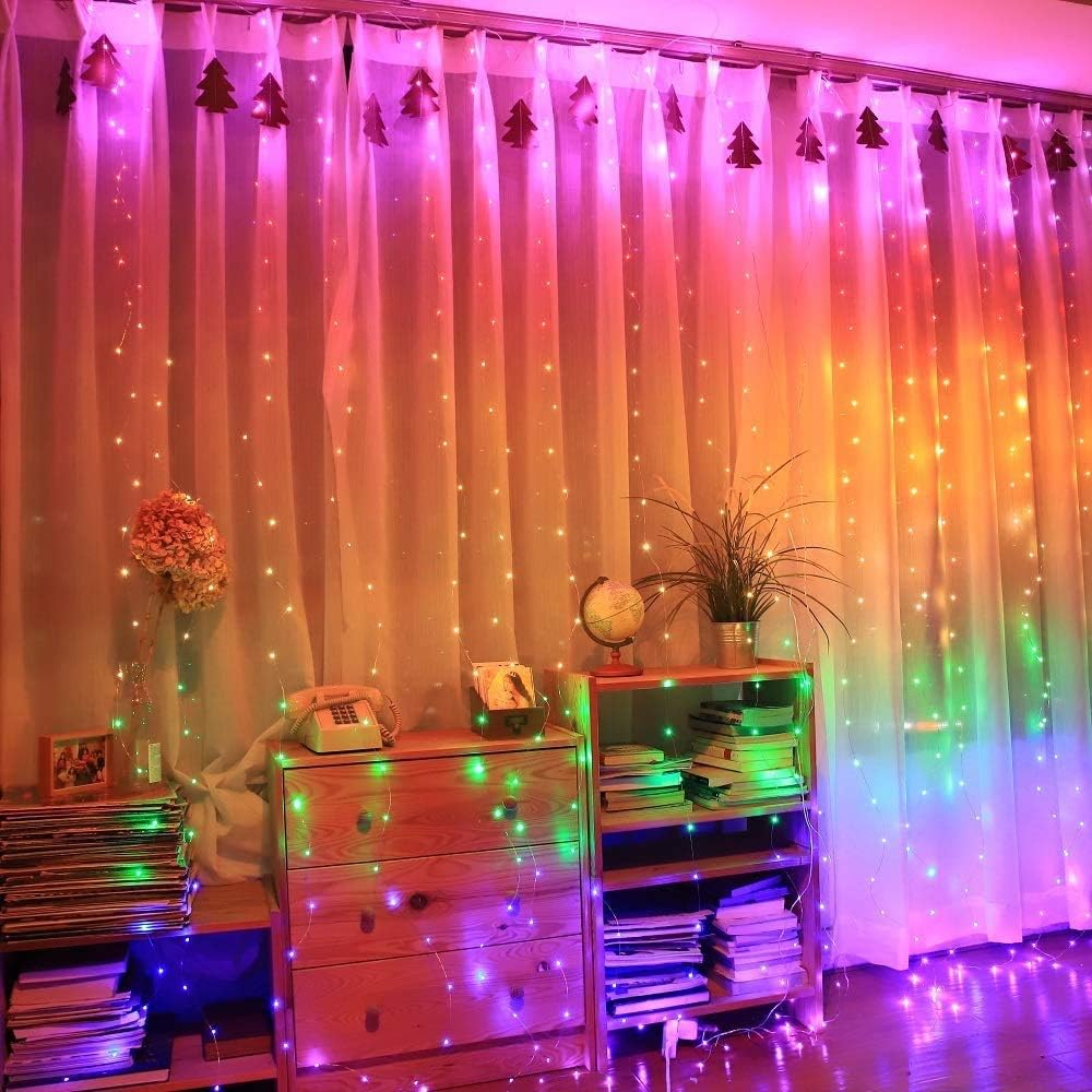 Honche 300Led Cuttable Curtain String Lights 10x10ft with Remote Window Lights for Bedroom Wedding Party Festive Season Propose Marriage WindowChristmas Decoration(Rainbow 7 Colors)