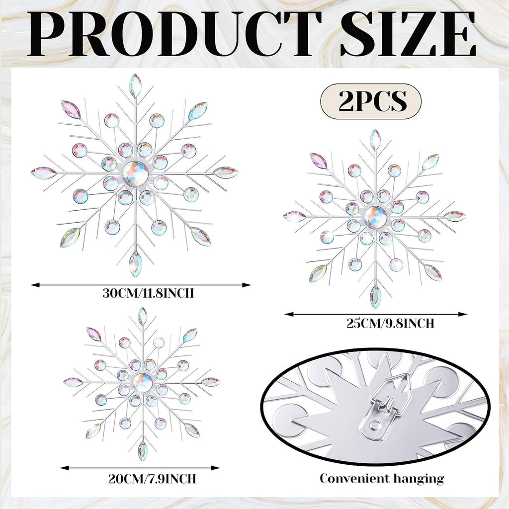Hicarer 4 Pcs 12" 10" 8" Snowflake Metal Wall Art Rhinestones 3D Decor Christmas Silver Hanging Metal Artwork Wall Decor Glitter Crafts Snowflake Decorations for Home Living Room Office(Snowflake)