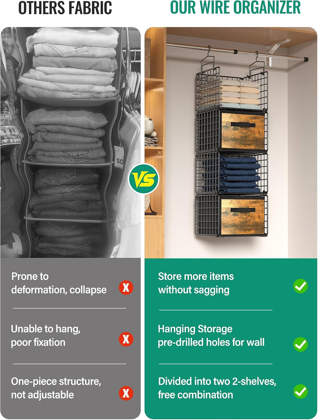Hanging Closet Organizer with Drawers, 4 Tier Metal Closet Organizers and Storage with 4 Hanging Hooks 4 S-Hooks for Wardrobe Laundry Room, Wire Storage Shelf for Clothes Sweaters Pants (Black)