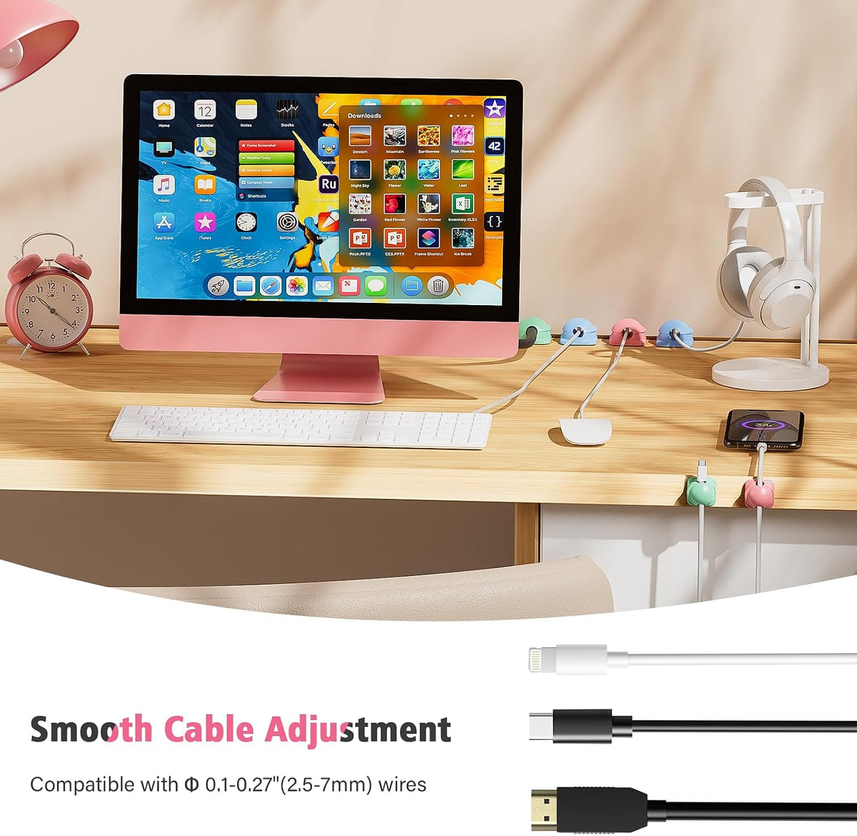 6 Pack Cord Holder Organizer, [1-Handed-Operation] Magnetic Cable Clips, Phone Cord Clips Holder with 2 Extra Reusable Strong Adhesive for Nightstand Desk Car Workspace Office Accessories, Colored