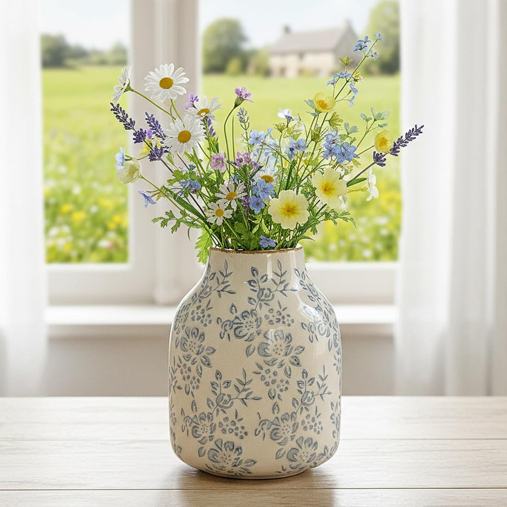 Blue and White Chinoiserie Ceramic Vase Vintage Flower Vase, 7.9in