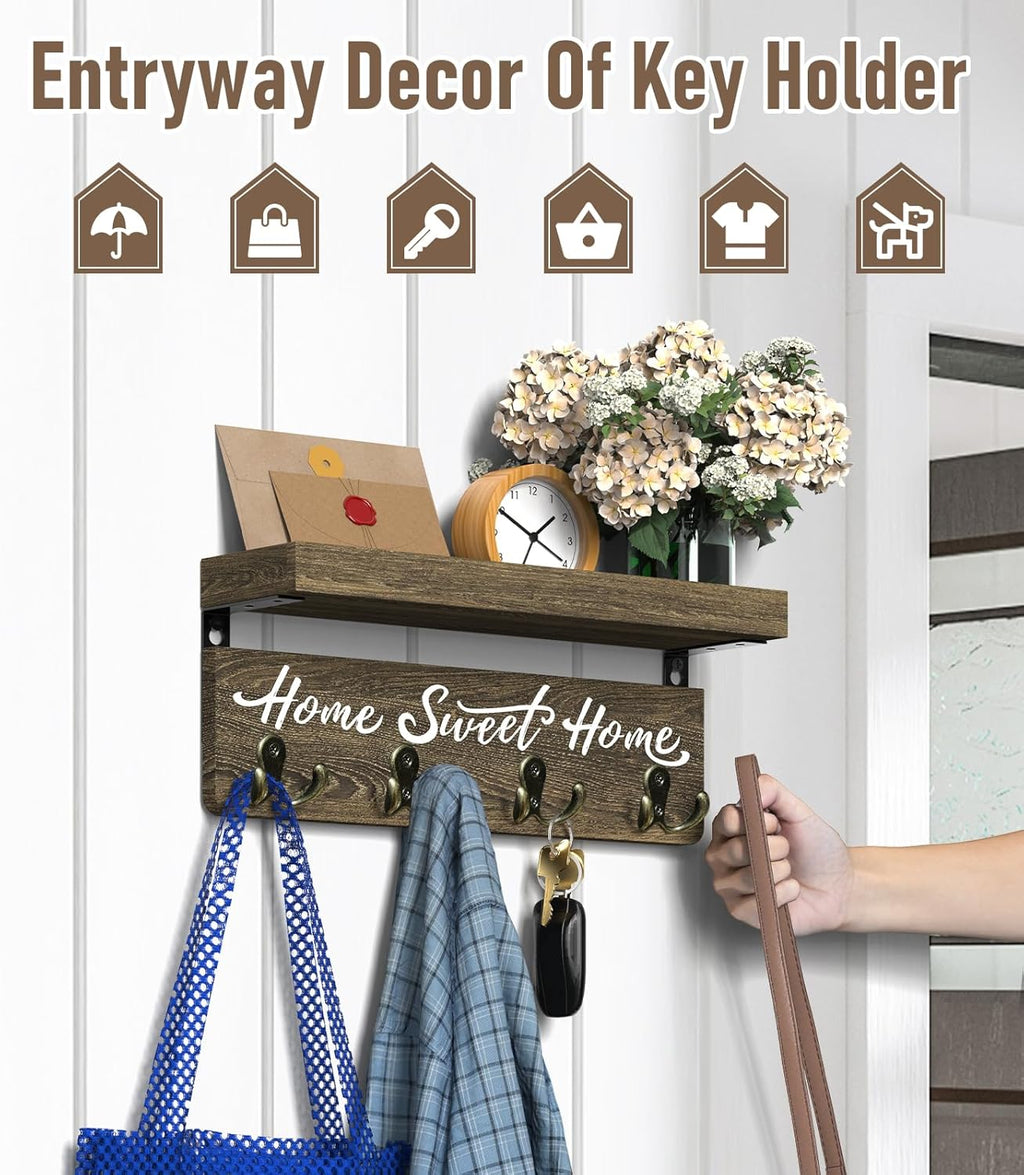 buways Key Holder Wall Mount with 8 Hooks and Cozy Home Sign (Brown)