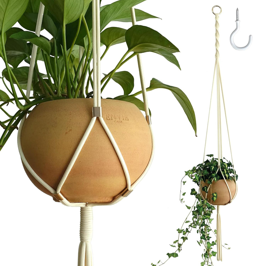 Macrame Plant Hanger Polyester Rope 42 Inch Outdoor Indoor Adjustable Hanging Planter for up to 10 Inch Plant Pot Modern Boho Home Decor (1, Ivory/Light Gold)